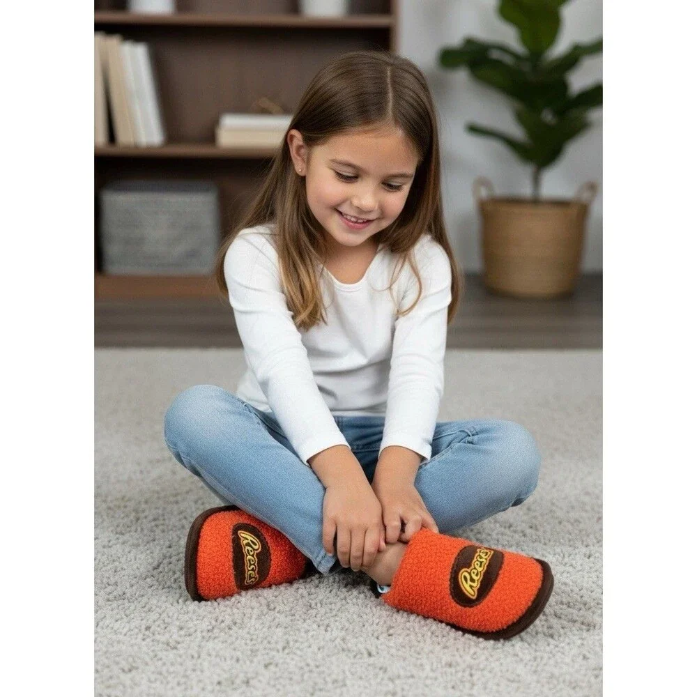 NEW Reese's Peanut Butter Cup Kids' Slip-On Mule Sherpa Slippers Size Small 13/1